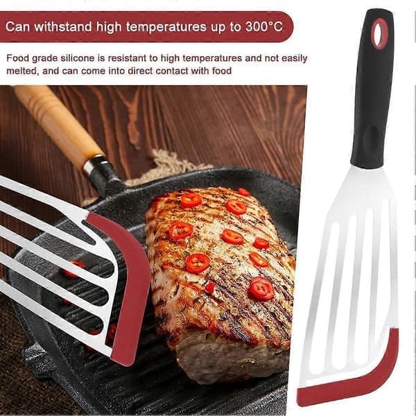 Non-Scratch stekespade, varmebestandig silikontopp i rustfritt stål, stekespade for egg, fisk, pannekaker til non-stick kokekar Large