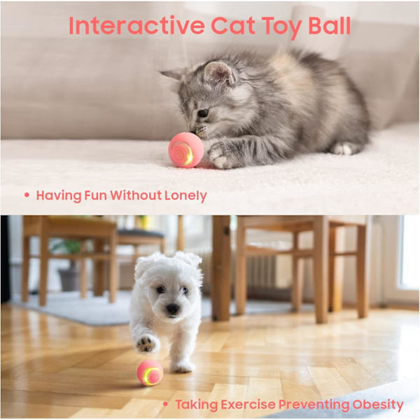 Interaktiv katt leksak boll husdjur leksak boll med LED-ljus automatisk roterande intelligent för katt inomhus, USB-laddningsbar (rosa)