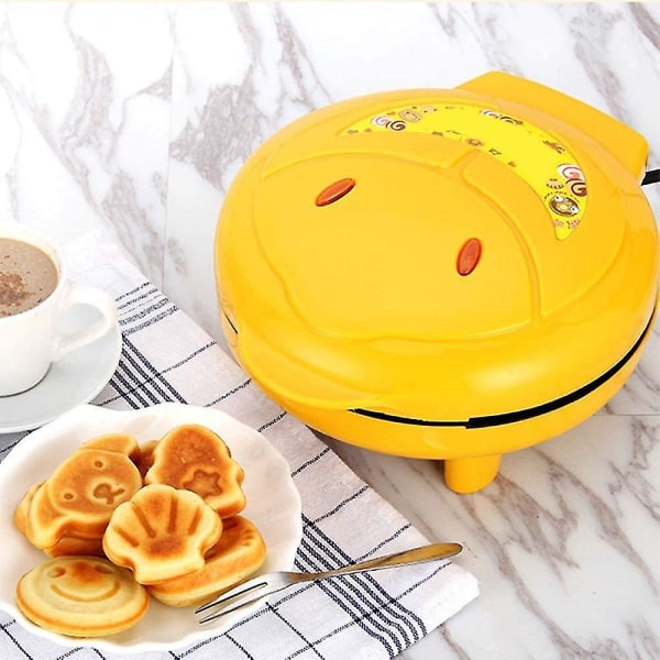 Animal mini vaffelmaskine, laver 7 interessante specialformede pandekager, automatisk sluk-klæbende pande, gul