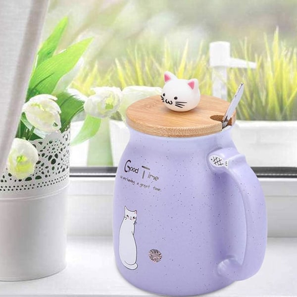 Kattmugg Söt Keramisk Kattunge Kaffekopp med Underbar Kattlock Rostfritt Stål Sked för Kaffe Te Mjölk 380ML Te Mjölk Julmugg för Kvinnor (Lila)
