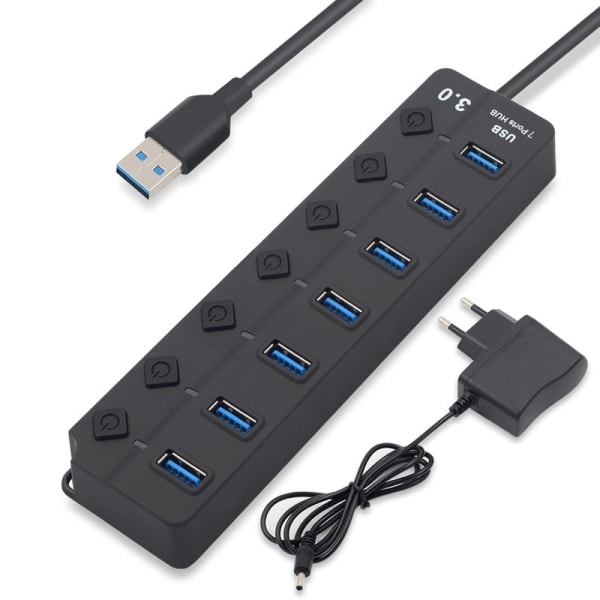 USB 3.0-hub med strømadapter - 7 porter svart