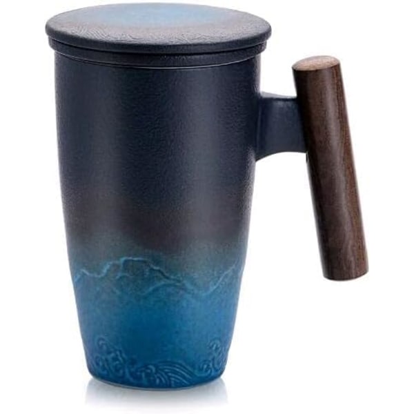 Tekopp med lokk, porselenstekopp med rustfritt stål infuser, perfekt for kontor og hjemmebruk, svart 350 ml (svart cyan)