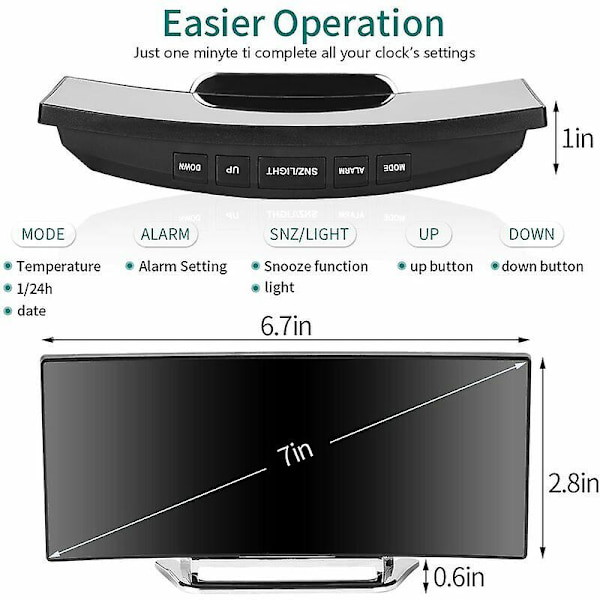 Digital väckarklocka för sovrum, 7 LED-spegeldisplay, temperatur, datum, nattlampa