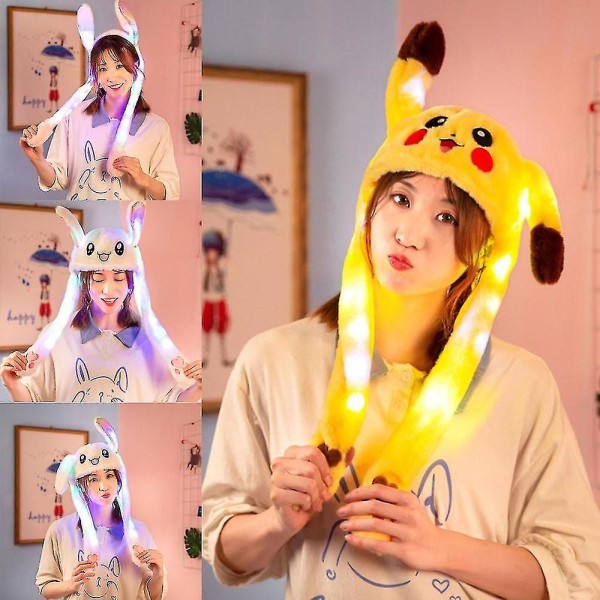 60cm Suloinen kani Pikachu plyysilakki liikuteltavilla korvilla hohtava hattu lahja vauvalle lapsille E