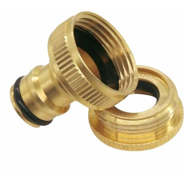 Sæt med 2 messinghane-forbindere – 1/2\" og 3/4\" indvendigt gevindadapter – Lige fitting til haveslange – Nem installation