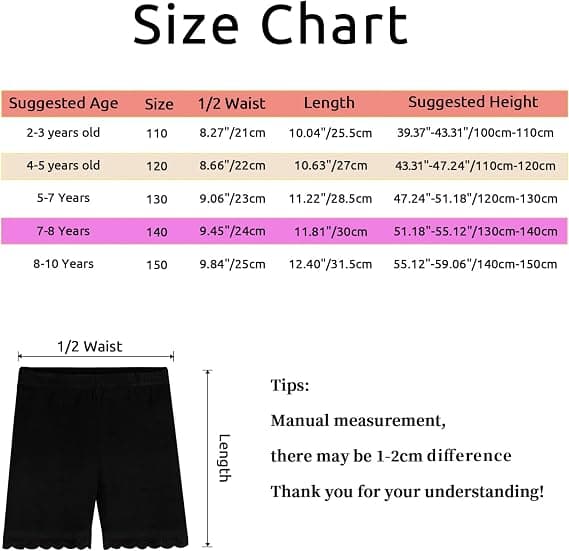 Cykelshorts til piger, sorte, til dans, med blonder, til børn, 2-10 år, 6 stk. 5-7 Years