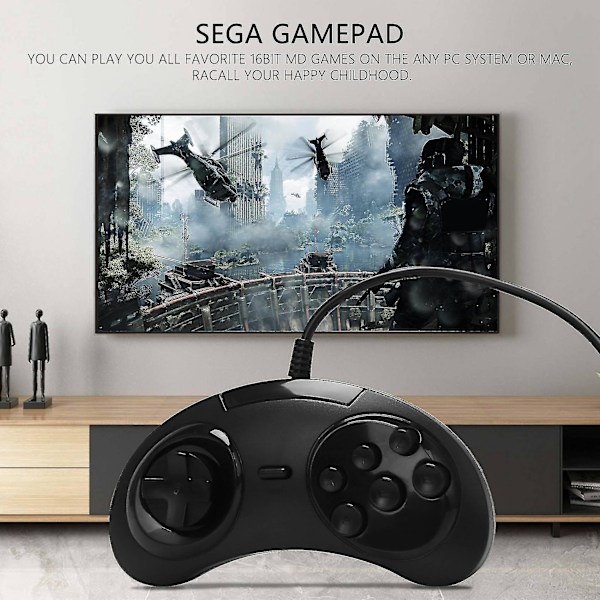 Gamepad med kabel, 6 knapper, USB-spilcontroller, Joypad til / Pc / 2 Y1301 / Drive, sort plastik Hy