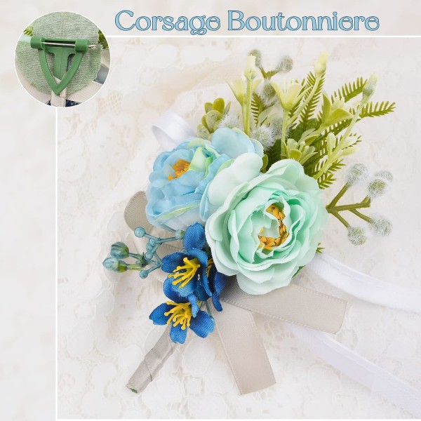 Boutonnières och corsage, 2 st blå corsage blomma handleds corsage och boutonniere set blommor accessoarer för bröllop bal män och kvinnor dekoration