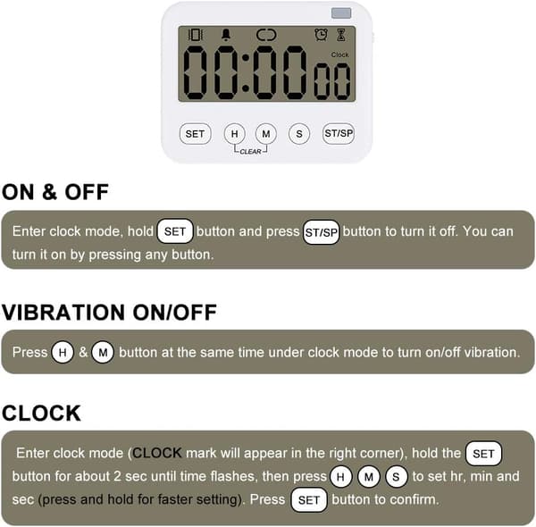 Digitalt timerur, multifunktionelt digitalt ur nedtællingstimer begivenhedsur med alarm, magnetisk bagside stort display vibration/lydalarm 1 pack