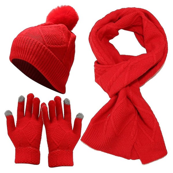 Dame vinterstrikk varm lue +langt skjerf+hansker Sett Caps Halsskjerf For kvinner Menn - Beige red