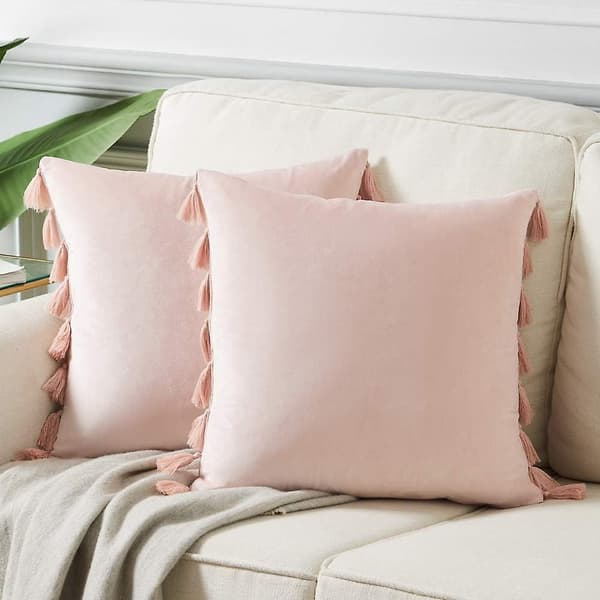 2-pack Dekorativa Kuddfodral med Handgjorda Tofsar, Mjuk Sammet Peach Solid Square Kuddfodral
