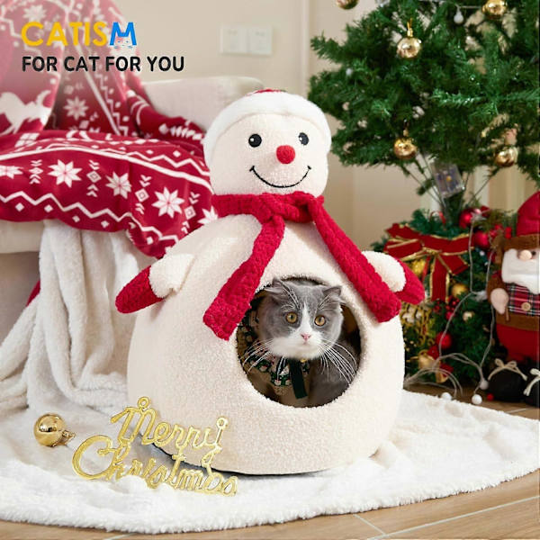 Julekatteseng for innendørs katter, kattehus Teddy Fleece katteseng hule dyreseng varm vinter for små mellomstore katter og hunder (Snømann)