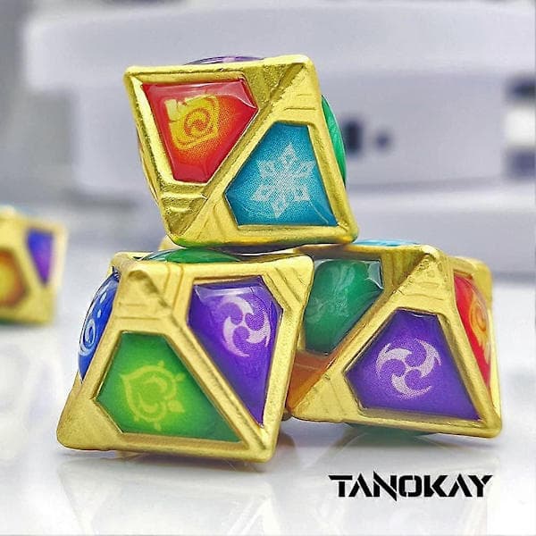 Genius Invocation TCG terningesett, håndlaget 8-delt rombisk solid polyedrisk terningesett med 7 elementterninger og 1 omni-element for Genshin Impact kortspill