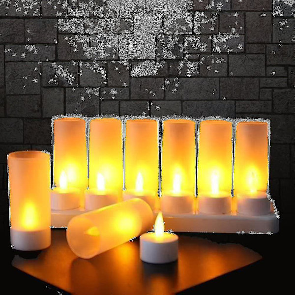 Flammeløse stearinlys - 12 genopladelige LED-flimrende telys + 12 frostede kopper - Leveres med opladningsbase, ingen batterier påkrævet Kb