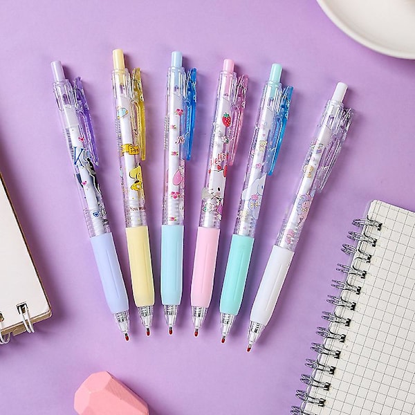 6 kpl Kawaii Sanrio geelikyniä, sarjakuva-animetarvikkeita, Kuromi, My Melody, Cinnamoroll, 0,5 mm musta, korkealaatuiset opiskelijoille
