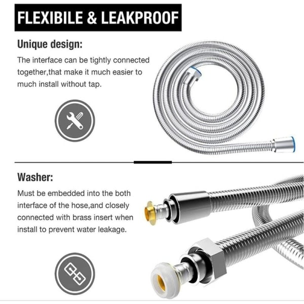 Dusjslange 5M ekstra lang dusjhode slanger i rustfritt stål, med solid messingkontakt, universell, anti-spreng, kromfinish.(500 cm)