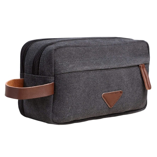 Herre toilettaske med dobbelt rum, lærred læder kosmetik makeup organizer barbering dope kit, sort