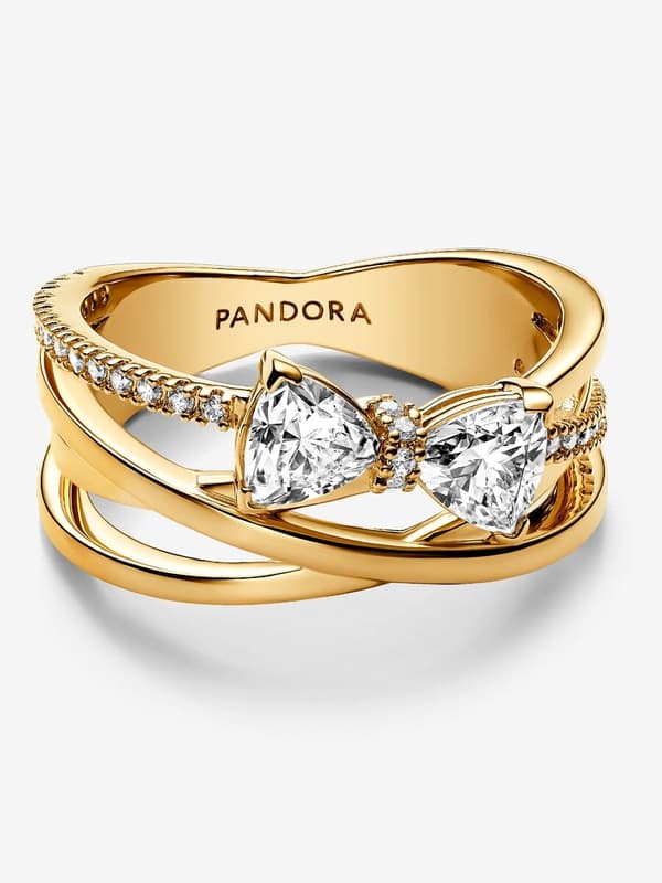 Pandora - Sparkling Bow & Crossover Band Ring - 14k guldbelægning Circumference: 52mm