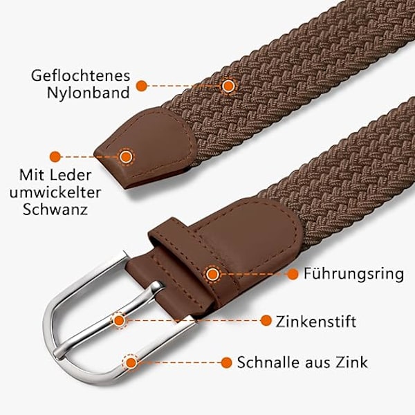 Herrbälte, Elastiskt flätat bälte Unisex Herr Dam Flätat Elastiskt Stretch Vävt Bälte 33mm(1,25\"), Längd 42\"(107cm) Passar Midja 33\"-36\", Flera Färger Brown