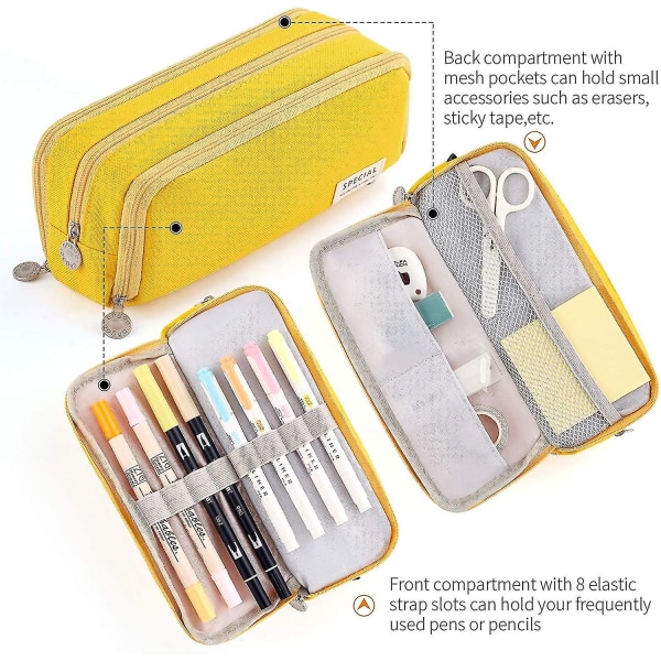 Suurikapasiteettinen case , 3 lokero, kynälaukku, joka on yhteensopiva kouluteini-ikäisten tyttöjen poikien miesten kanssa (keltainen) Yellow