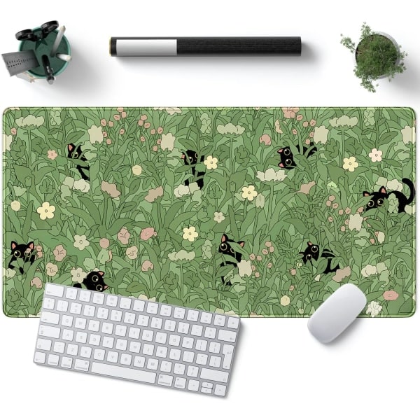 Grøn Skrivebordsmåtte XL Kat Sød Plante Cool Skrivebordsmåtte Tastaturmåtte Kawaii Black Cat Flower Musemåtte Grøn skrivebordsmåtte Skrivebordsindretning med sømme 31,5x15,7 tommer
