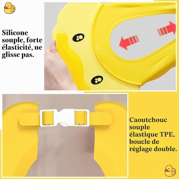 Denna duschmössa skyddar ansikte och öron. Justerbar, den passar både små pojkar och flickor.