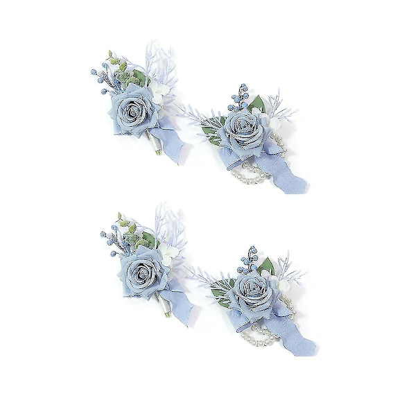 4 stk. støvete blått corsage og knapphullsblomst sett, kunstige blomster til håndleddet