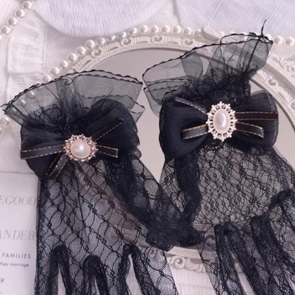 Sorte Hvide Blondehandsker Gotisk Lolita Mesh Sløjfehandske SORT Sort Black