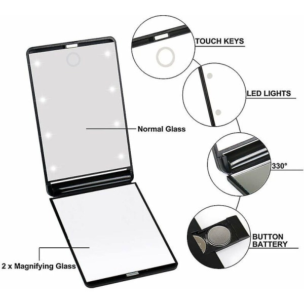Resespegel, bärbar LED-upplyst smink spegel med 8 dimbara LED-lampor