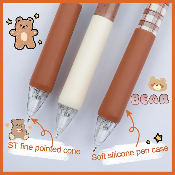6 stk Kawaii gelpenn søte penner brun søt bjørn design Kawaii penn japansk student signaturpenn for jevn skriving (6 stk, brun)