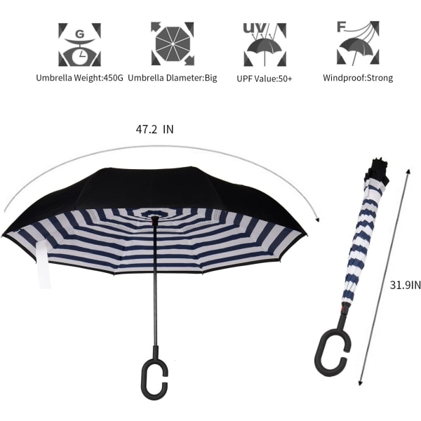 Kaksikerroksiset käänteiset sateenvarjot Käänteinen taittuva sateenvarjo Itsestään seisova tuulenpitävä UV-suoja Suuri suora matkasateenvarjo C-muotoisella kahvalla