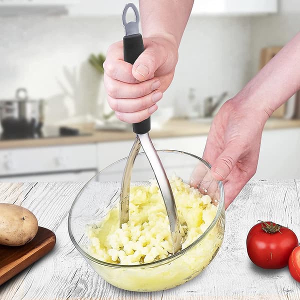 Kartoffelmoser i rustfrit stål, håndholdt kartoffelmoser, køkkenredskab til avocado, bønner, grøntsager, sort