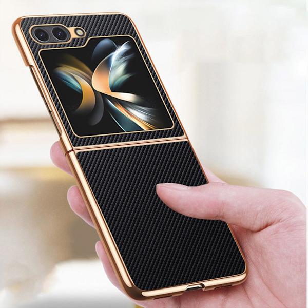 För Samsung Galaxy Z Flip 5 Fodral Ultra Tunn Kolfiber Läder Hybrid PC Stöttåligt Skyddande Skal gold