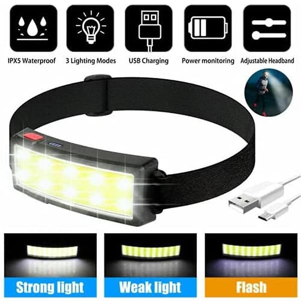 USB-oppladbart LED-hodelykt Bred 500 Lumen Høy Lysstyrke COB LED-hodelykt Lett hodelykt