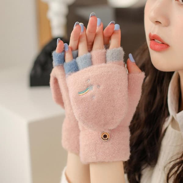 Vinter Halvfinger Handsker Strikket Fløjl Klap Handsker Elskede Broderede Regnbue Handsker Pink