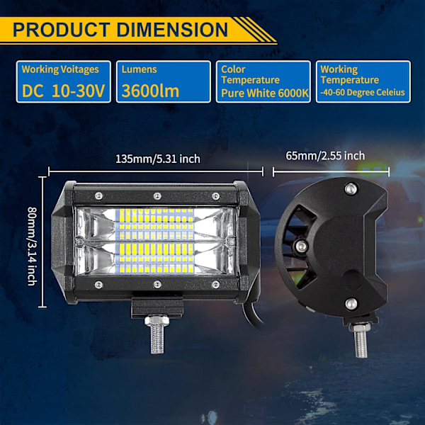 2-pakning 5 tommers 72W LED lysstang flomlys 12V LED lyssett Off Road arbeidslys kjøretåkelys for lastebil båt traktor 4x4 ATV UTV SUV