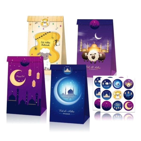 Ramadan lahjapaperipussit ja kääre-etiketit Eid Mubarak -lahjakassi Ramadan-juhlalahjapakkaus Eid Mubarak -lahjapaperitarra 1
