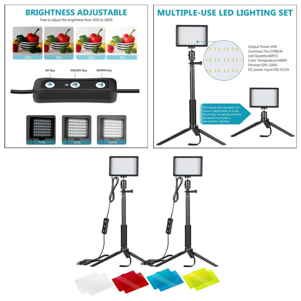 Justerbar LED-panel USB videolampa 5600K Set med 2 LED-lampor med stativ och färgade filter Lämplig för fotoporträtt Youtube-video