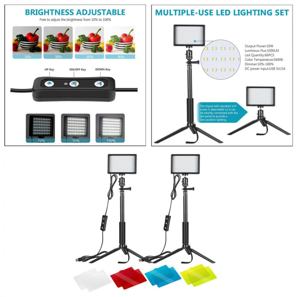 Justerbart LED-panel USB-videolys 5600K Sett med 2 LED-lys med stativ og fargede filtre Egnet for fotoportrett Youtube-video