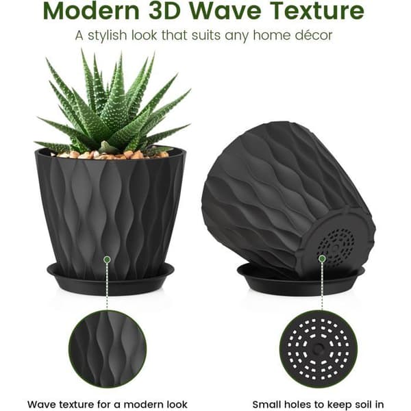 12,7 cm indendørs urtepotte, sæt med 5 plastikurtepotter med dræn og underskåle, moderne 3D bølget design, sort