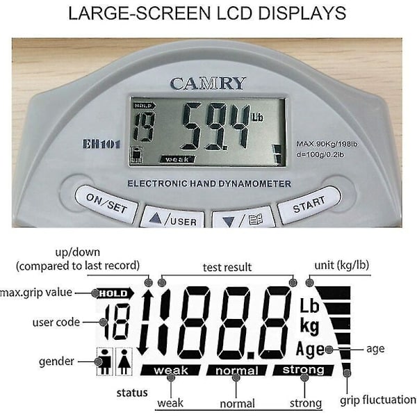 Camry Digital Grebsstyrketester Dynamometer Automatisk Optagelse 200 Lbs/90 Kg 19.5*12.5*3m (Grå)fonepro