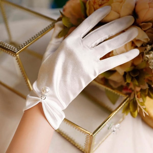 Perle bryllup bankett kjole hanske korte sateng hansker Håndledd lengde hansker for fest dans bryllup (hvit) (1 par)