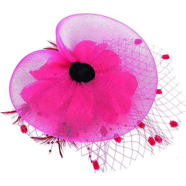 Dam Fascinator Pillbox Hatt Kvinnor Blomma Bowler Hatt Fjäder Bröllop Cocktail Hatt Hårklämma Fest Hatt Hårtillbehör med Hår(Rose Red) Rose Red