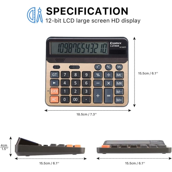 Kalkulator 12 Cifre Lcd Display Standard Funktion Skrivebordslommeregnere Med Store Computertaster Dobbelt Drevet Solcelledrevet Kontorlommeregner Champaign Guld Farve