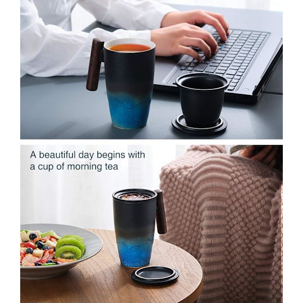 Tekopp med lokk, porselenstekopp med rustfritt stål infuser, perfekt for kontor og hjemmebruk, svart 350 ml (svart cyan)