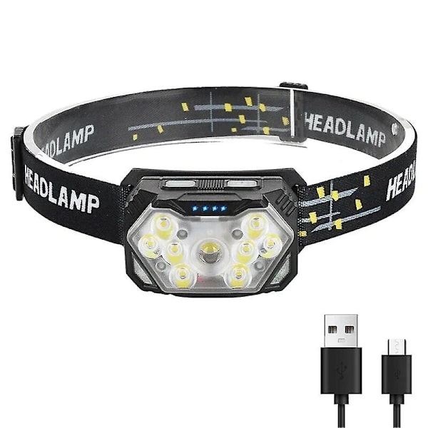 USB-laddningsbar rörelsesensorstrålkastare 9 LED starkt ljus pannlampa bärbar fiske camping utomhus huvudlampa arbetsficklampa 1pc
