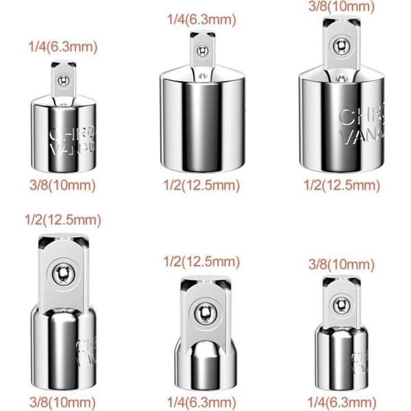 6-dels pipeadaptersett, 1/4\" til 3/8\", 1/2\" til 3/8\", 3/8\" til 1/4\", 3/8\" til 1/2\", 1/2\" til 1/4\", 1/4\" til 1/2\"