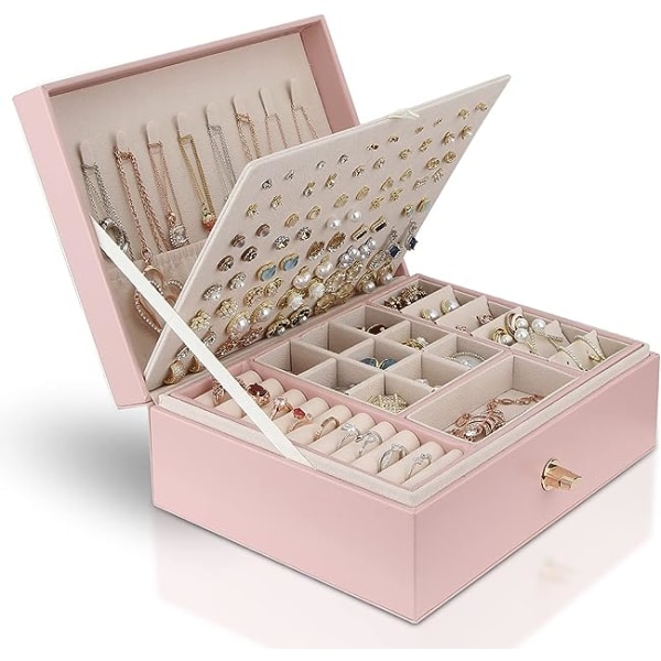 Smyckeskrin Organizer för Halsband Örhängen Armband Ringar, Stor PU Läder Smyckesförvaringslåda med 3 Stapelbara Lager (Rosa)