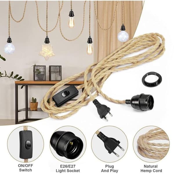 4,5M 2-leder linned elkabel med E27 fatning og afbryder, til gør-det-selv lampe (pære medfølger ikke)