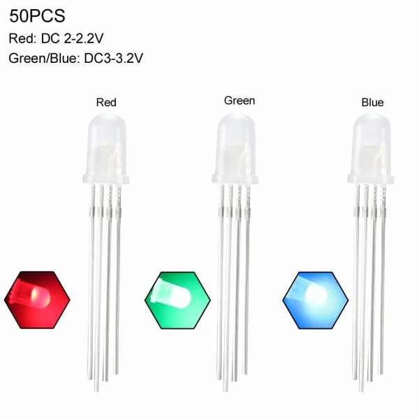 50 Pcs 5mm RGB LED Diode Lights Tricolor (Multicolor Red Green Blue 4 Pin Common Cathode) Lighting Electronics Components Light Emitting Diodes